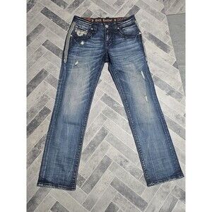 New Men's Rock Revival LYTIE STRAIGHT Denim Distressed Acid Wash JEAN Size 32x33